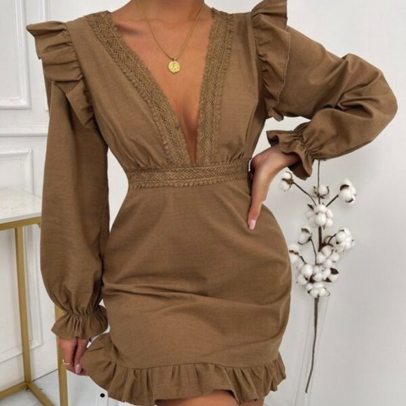 BOHO DOLLZ Plunging Neckline Mini Dress brown - Picture 6 of 6